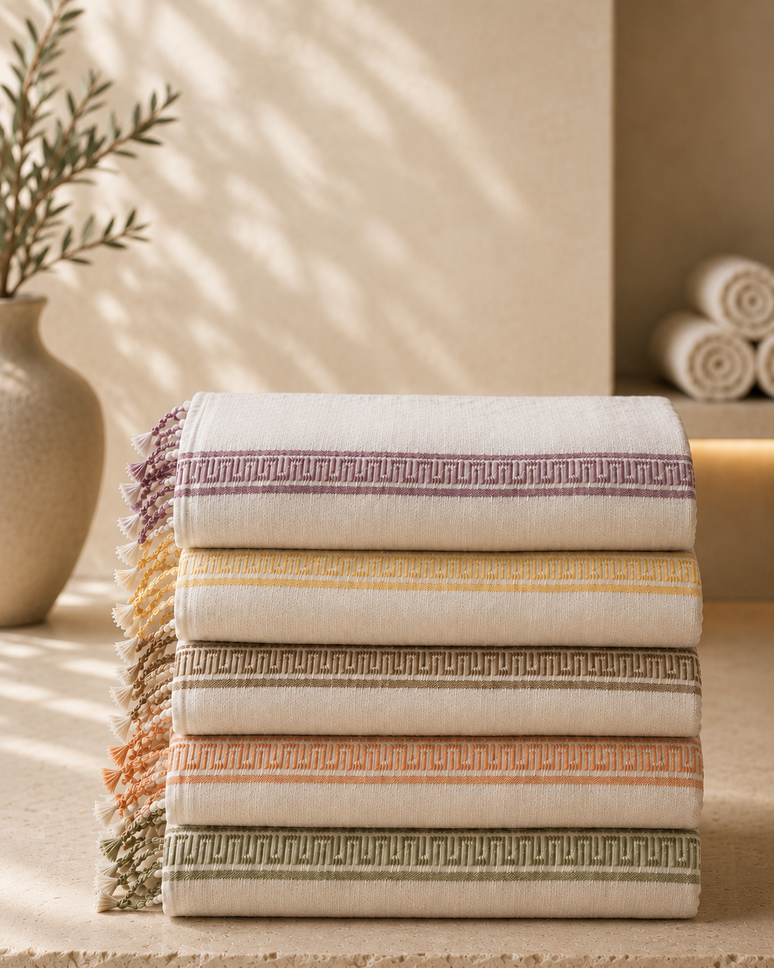 Stack of folded Velune peshtemals in custom colorways