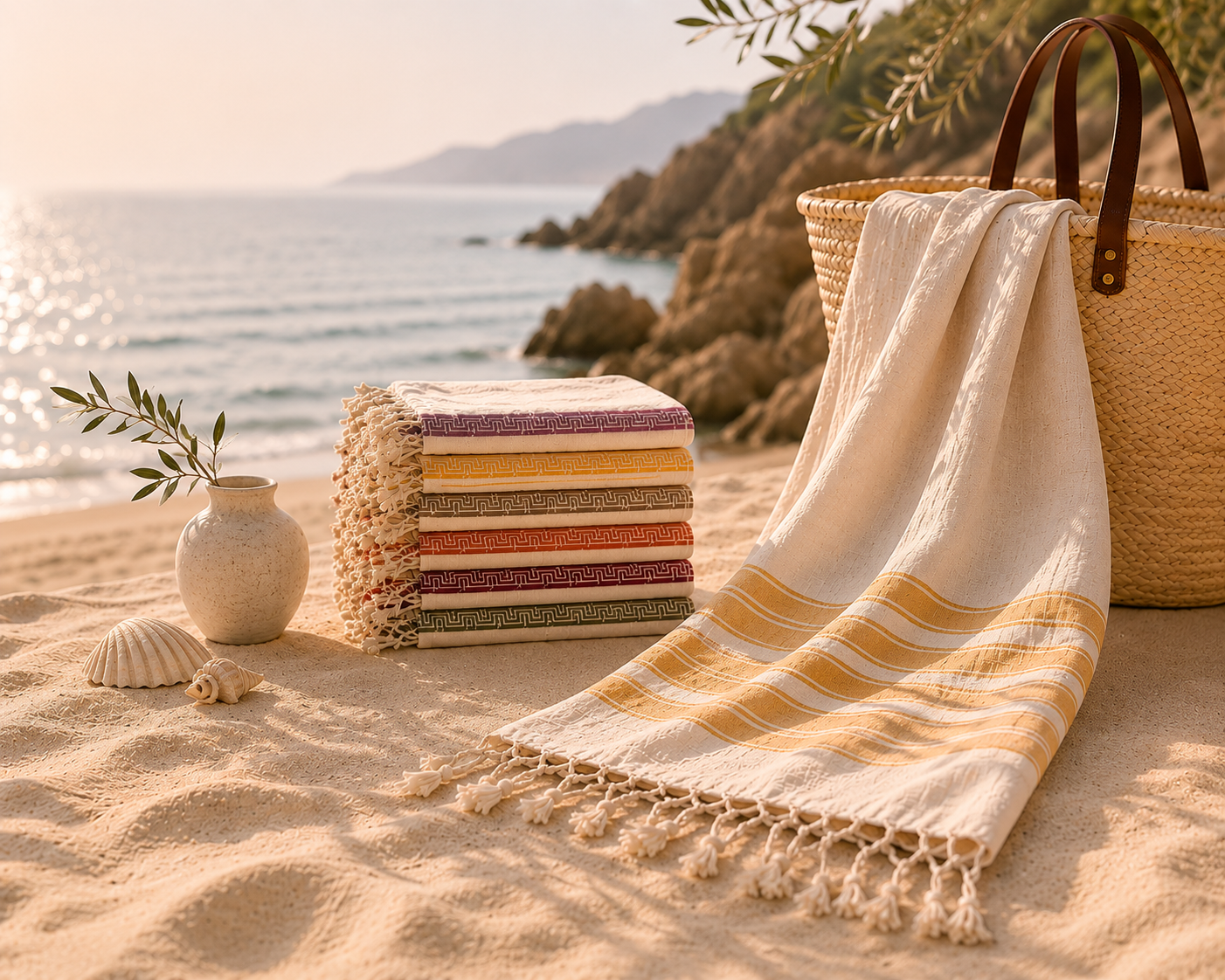 Turkish peshtemals styled in a sunlit Mediterranean beach setting